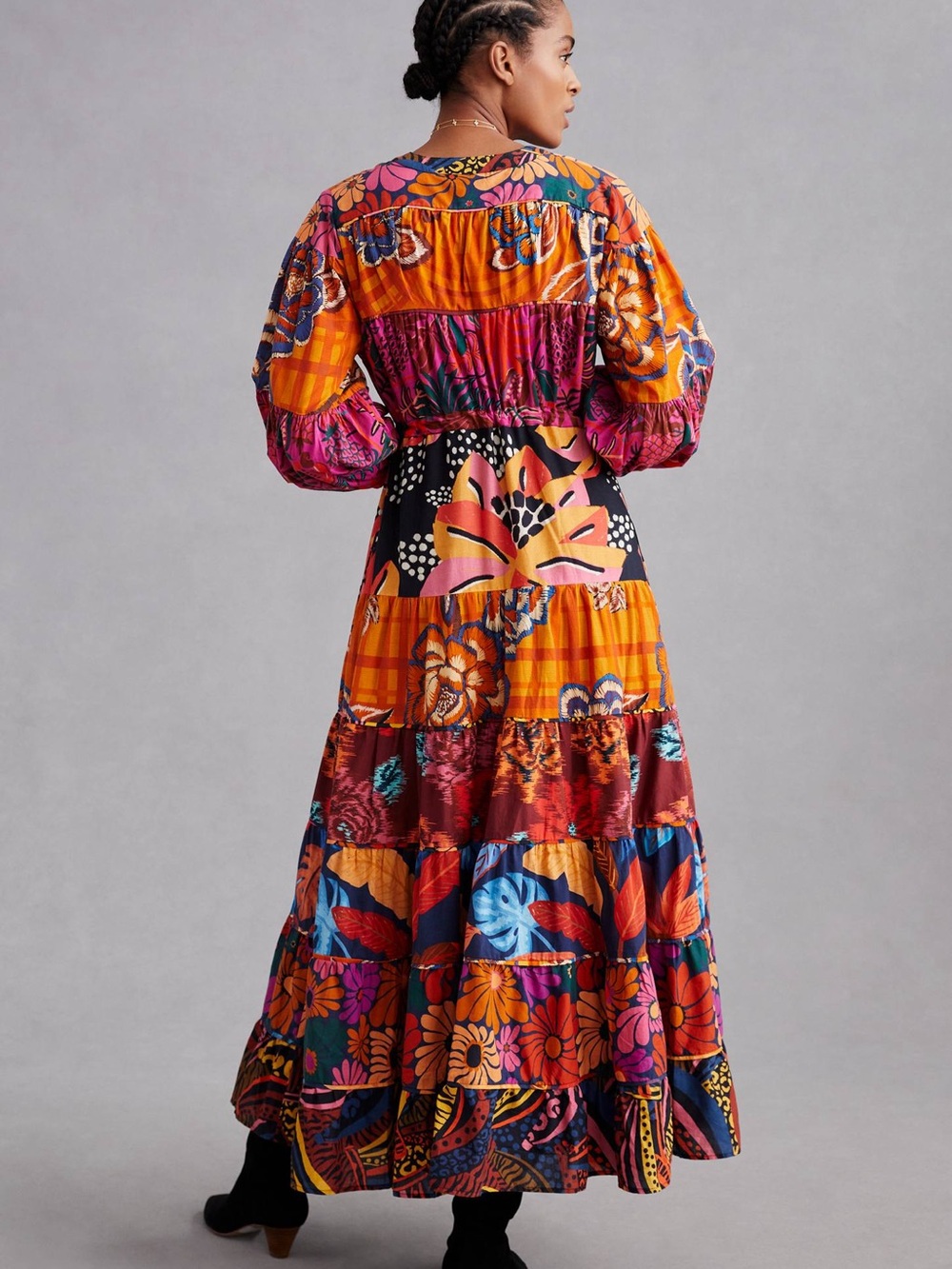 FARM Rio Multicolor Floral & Patchwork Maxi Dress in Orange, Pink & Blue